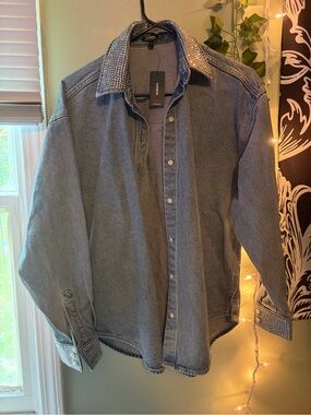 Express Light Blue Denim Jacket with Crystal-Embellished Collar